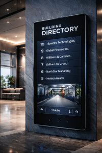 Smart wayfinding and directory systems designed for efficient navigation in complex buildings.