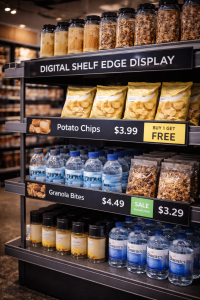Compact digital displays for real-time pricing, promotions, and product information at shelf level.