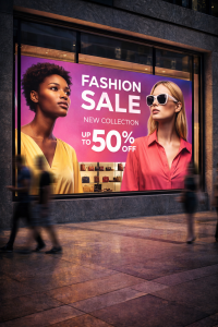 Eye-catching digital displays for storefront windows, designed to attract attention without blocking visibility.