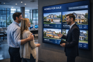 Digital display systems supporting property presentation, marketing, and visitor engagement.